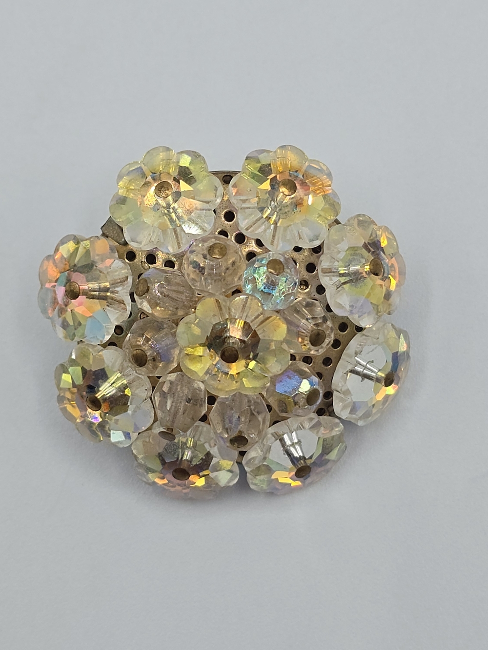 VTG AB Glass Bead Flower Cluster Brooch Spinning Petals 1.50" Dome Gold Tone